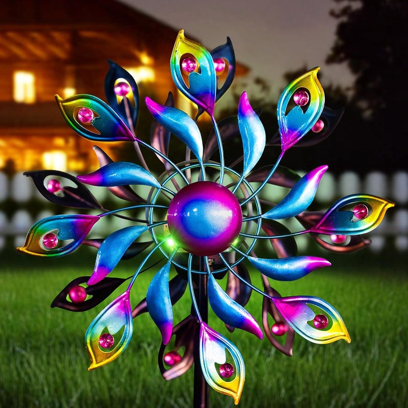 MXwcy 360°Peacock Solar Wind Spinner with Lights Blue Metal Garden Outdoor Decor Yard Lawn Art Decor for Patio Kinetic Windmills Unique Gifts for Friends and Family 51.9' H x 12.2'' Dia - Image 1